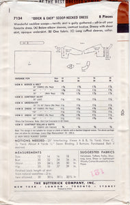 1950's Butterick One Piece Scoop Neck Shirtwaist Dress Pattern with Dolman Sleeves - Bust 34" - No. 7134