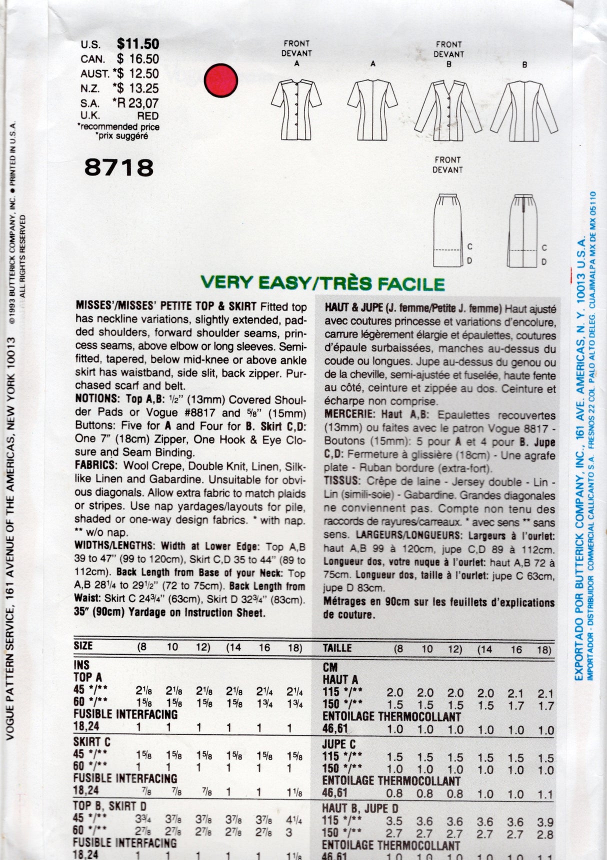 1990's Vogue Princess Line Jacket, and Pencil Skirt in Two Lengths Pattern - Bust 31.5-34" - No. 8718