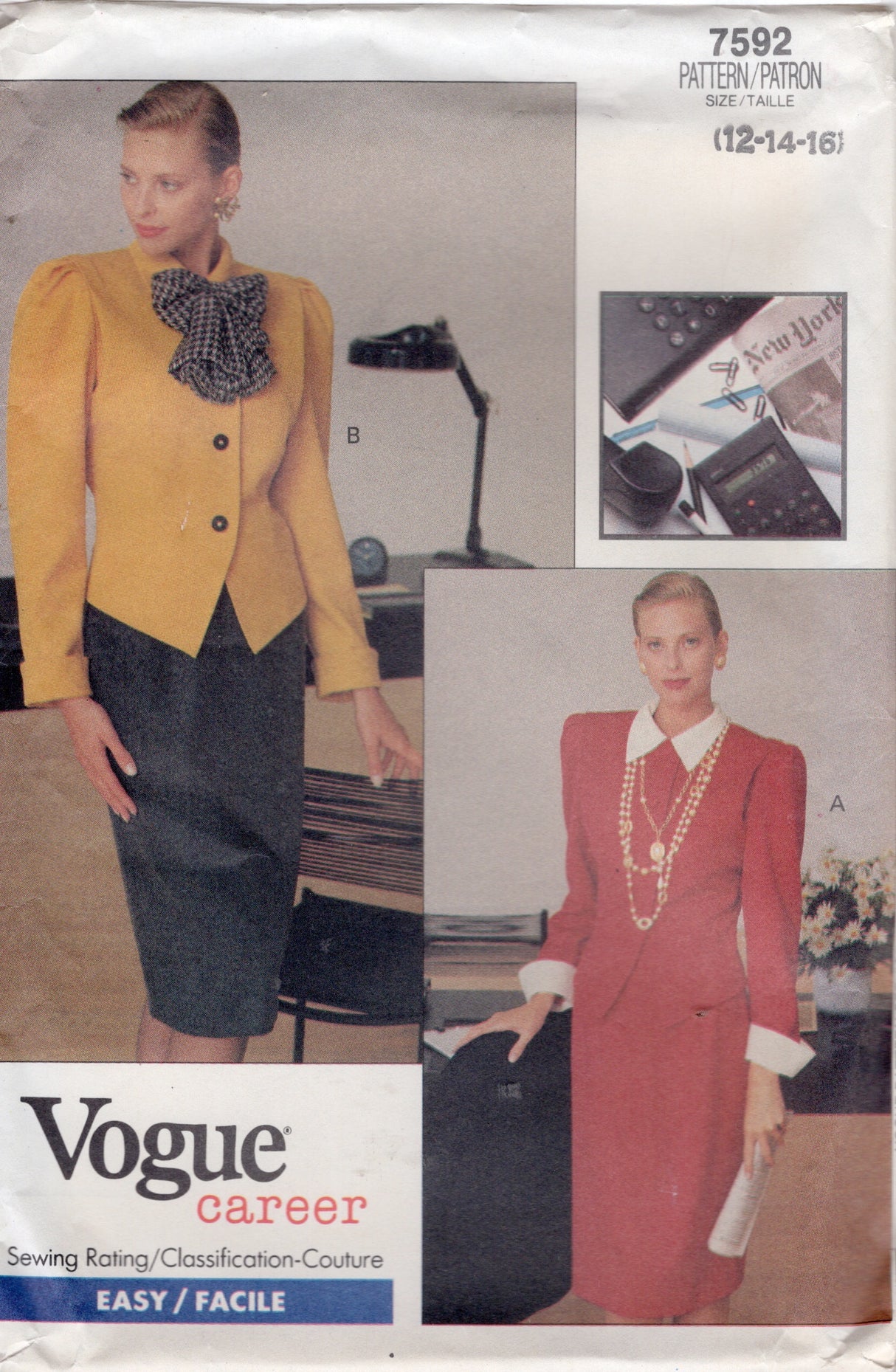 1980's Vogue Career Suit Dress Pattern with Slim Skirt - Bust 34-38" - No. 7592