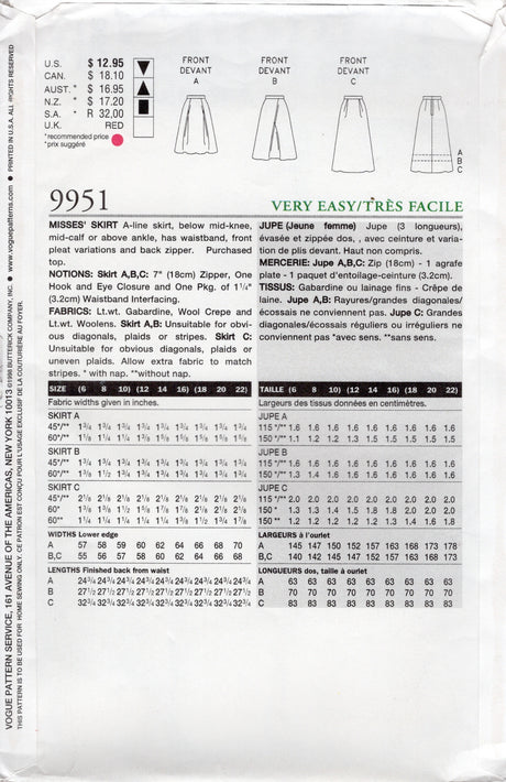 1990's Very Easy Vogue A-Line Skirt Pattern - Waist 26.5-30" - No. 9951