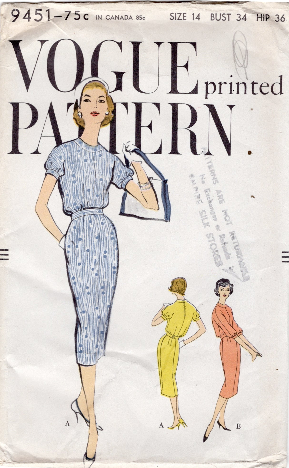 1950’s Vogue Sheath Dress Pattern with Bloused Bodice - Bust 34” - No. 9451