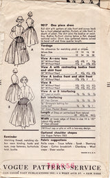 1950’s Vogue Shirtwaist Dress Pattern with Fly front and Pleated Detail Skirt - Bust 34” - No. 9017