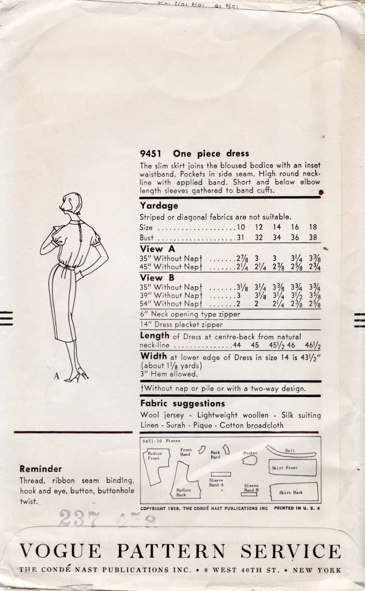 1950’s Vogue Sheath Dress Pattern with Bloused Bodice - Bust 34” - No. 9451