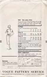 1950’s Vogue Sheath Dress Pattern with Bloused Bodice - Bust 34” - No. 9451