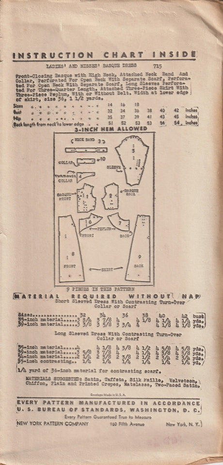 1930's New York Basque Waist Dress Pattern with Peplum - Bust 40" - No. 715