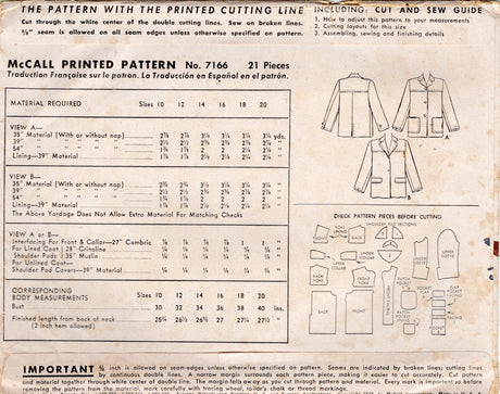 1940's McCall Straight Line Coat with Large Yokes and Patch Pockets - Bust 32" - No. 7166