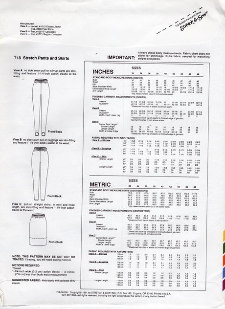 1990's Stretch & Sew Stirrup Stretch Pants and Skirt pattern - Waist 22-38" - No. 718