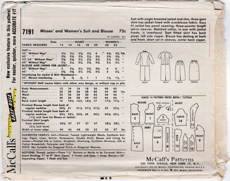 1960's McCall's Two Piece Suit Dress and Blouse Pattern - Bust 44" - No. 7191