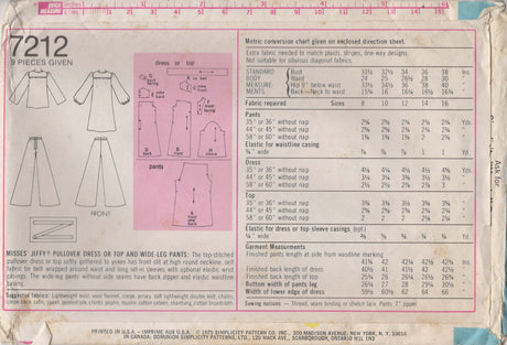 1970's Simplicity Jiffy Tunic or Dress and Pants Pattern – Bust 36" - No. 7212