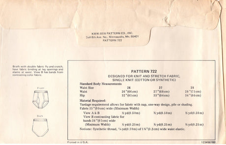 1970's Kwik Sew Briefs Underwear Pattern - Waist 26-28" - No. 722