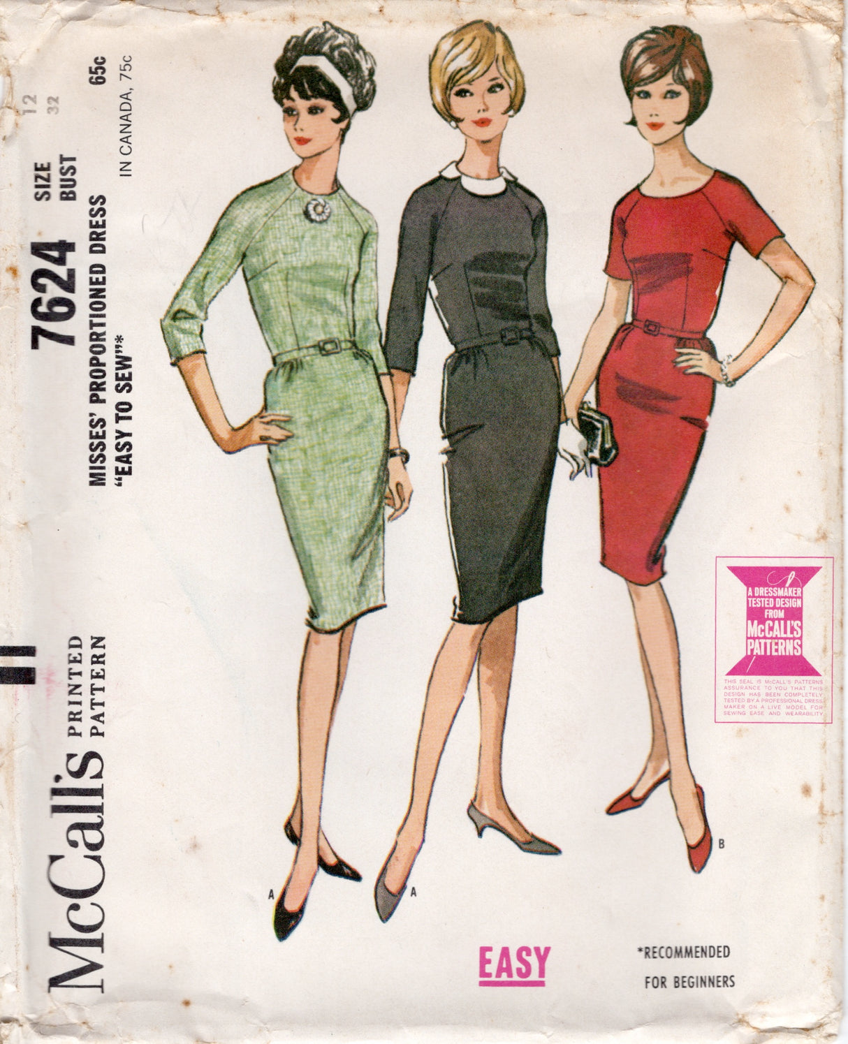 1960's McCall's Sheath Dress Pattern with Boat Neck or Collar - Bust 32" - No. 7624