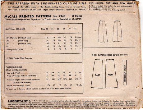 1940's McCall Straight Skirt Pattern - Waist 26" - no. 7243