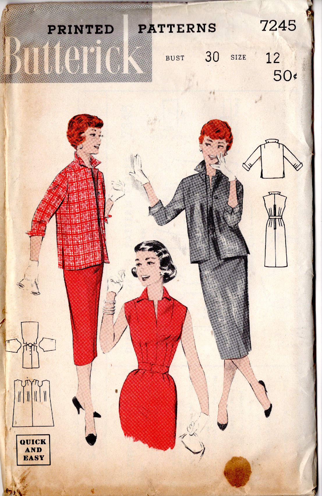 1950' Butterick Sheath Dress and Straight Line Jacket - Bust 30" - No. 7245