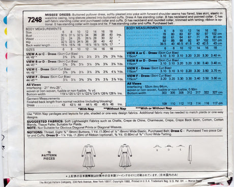 1980's McCall's Shirtwaist Dress Pattern - Bust 40" - No. 7248