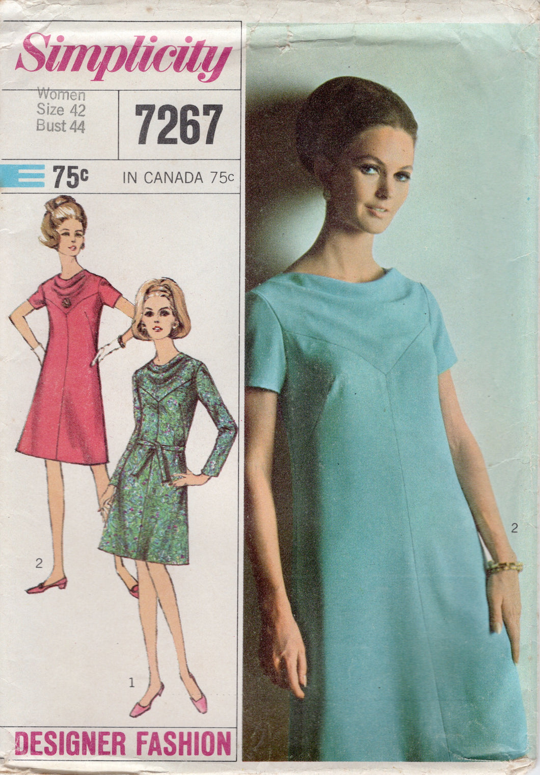 1960's Simplicity Designer One Piece Dress with Cowl Collar Pattern - Bust 44