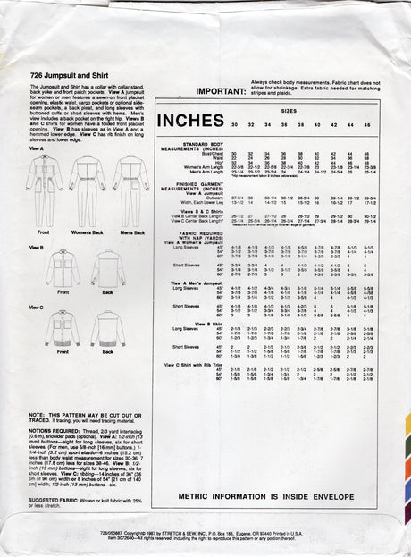 1980's Stretch & Sew Jumpsuit and Shirt pattern - Chest 30-46" - No. 726