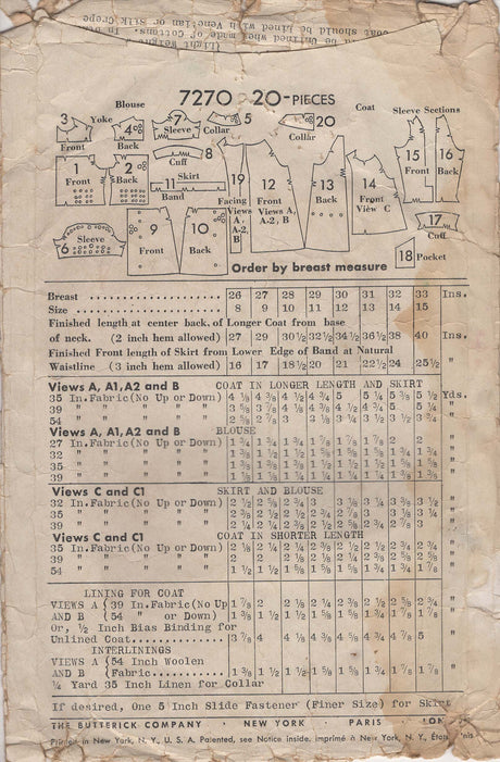 1930's Butterick Junior's Swagger Coat , Blouse and Skirt Pattern - Chest 31" - No. 7270