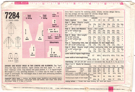 1960's Simplicity Tent Dress with Mandarin collar and Bloomers Pattern - Bust 34" - No. 7284