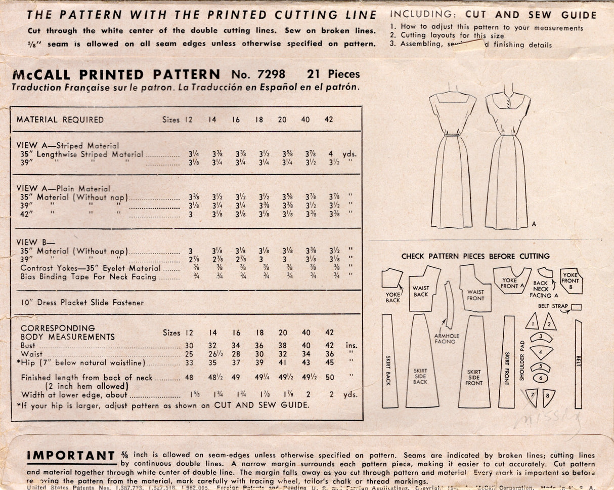 1940's McCall Yoked Dress Pattern with 6 Gore Skirt - Bust 36" - No. 7298
