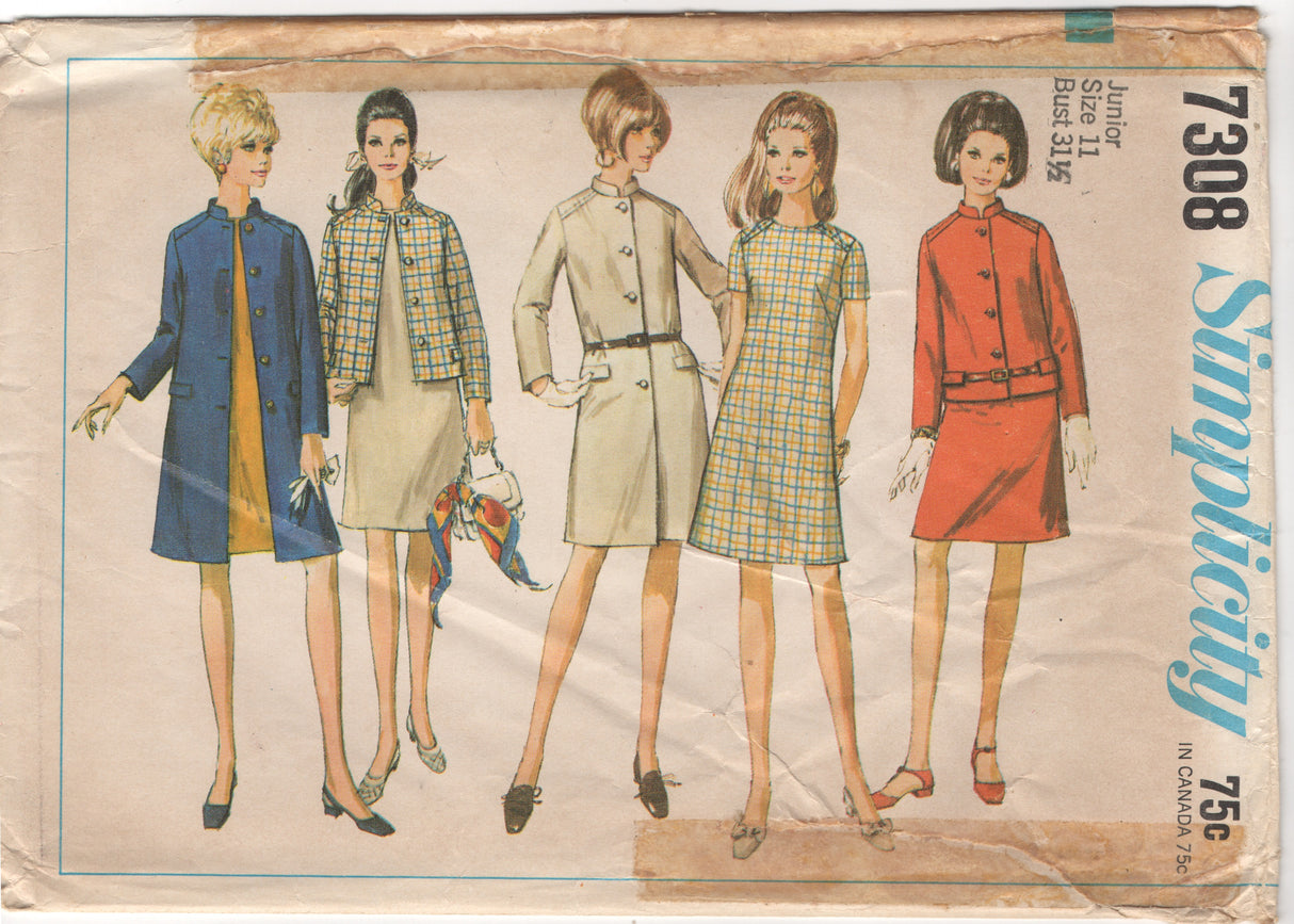 1960's Simplicity Shift Dress, Boxy Jacket and A line Coat - Bust 31.5" - No. 7308