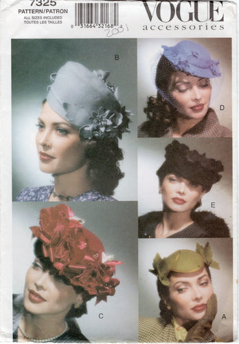 2000’s Vogue Vintage Hats Pattern; Fascinator, Juliette Cap, Tilt Hat - Oe Size - No. 7235