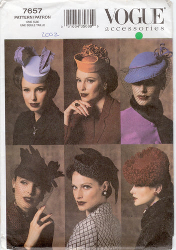 2000’s Vogue Vintage Hats Pattern; Fascinator, Tilt Hat - All Sizes - No. 7657