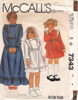 1980's McCall's Girl's Ruffle Accent Maxi or Midi Dress Pattern with Peter Pan Collar and Long Sleeves- Size 6 - Chest 25" - No. 7343