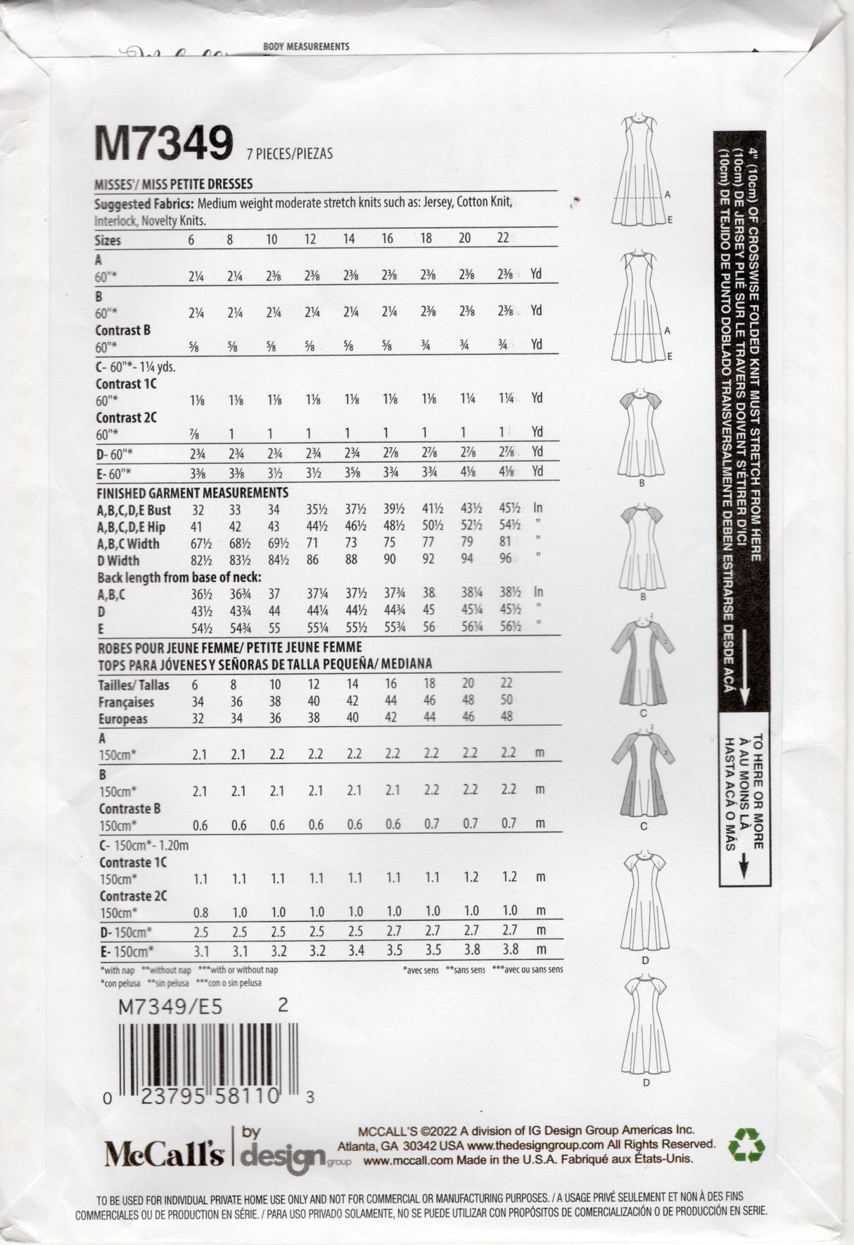 2020's McCall's Raglan Sleeve Princess Line Dress Pattern - Bust 36-44" - No. M7349