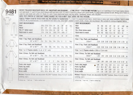 1980's Simplicity Sweatshirt Dress, Sweatshirt, Sweatpants and Headband Pattern - Bust 36-40" - No. 9481