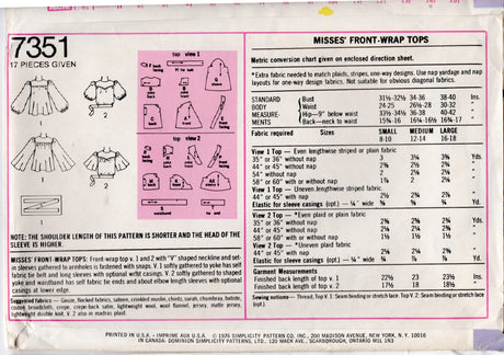 1970's Simplicity Wrap Top with Yoke Accent Pattern - Bust 38-40" - No. 7351