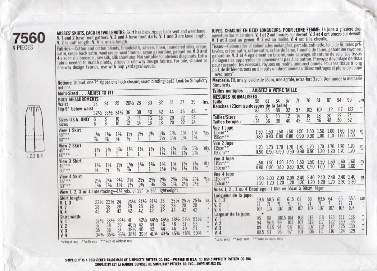 1990's Simplicity Pencil Skirt Pattern - Waist 32-39" - No. 7530