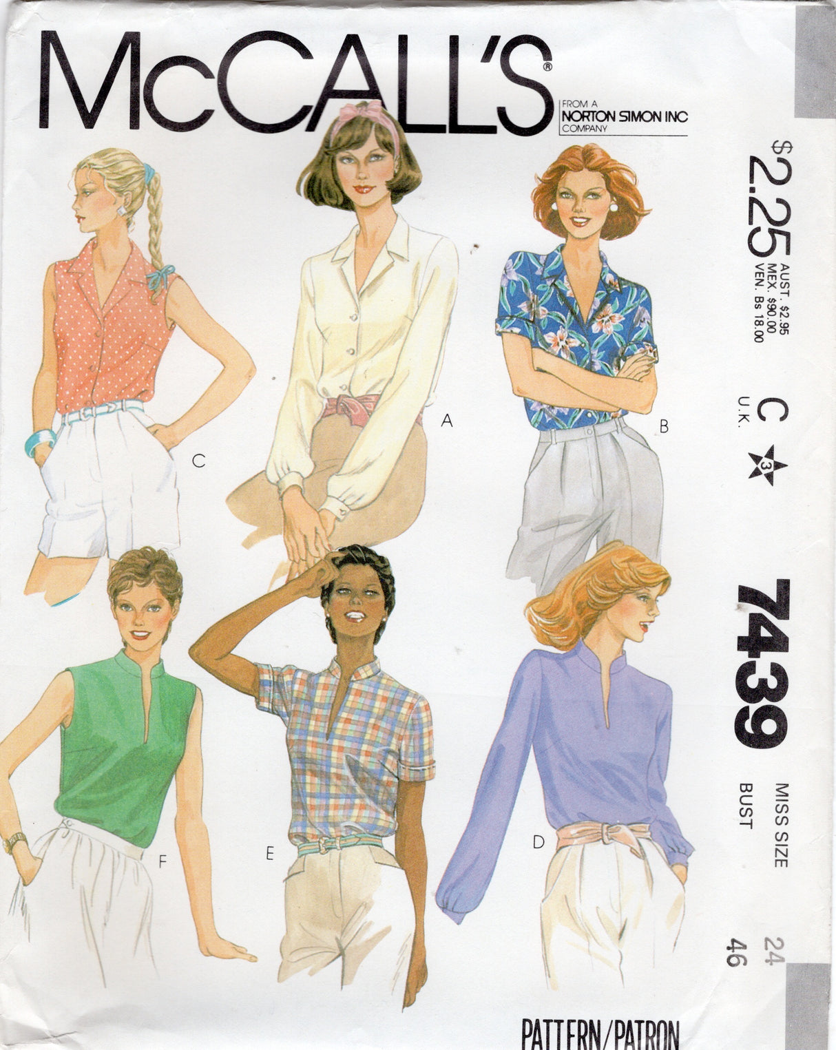 1980's McCall's Button Up or Pullover Shirt Pattern - Bust 46" - No. 7439