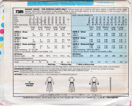 1980's McCall's V Neck Midi Dress Pattern with Raglan Sleeves, Pockets and Sash - Bust 44-46" - No. 7385