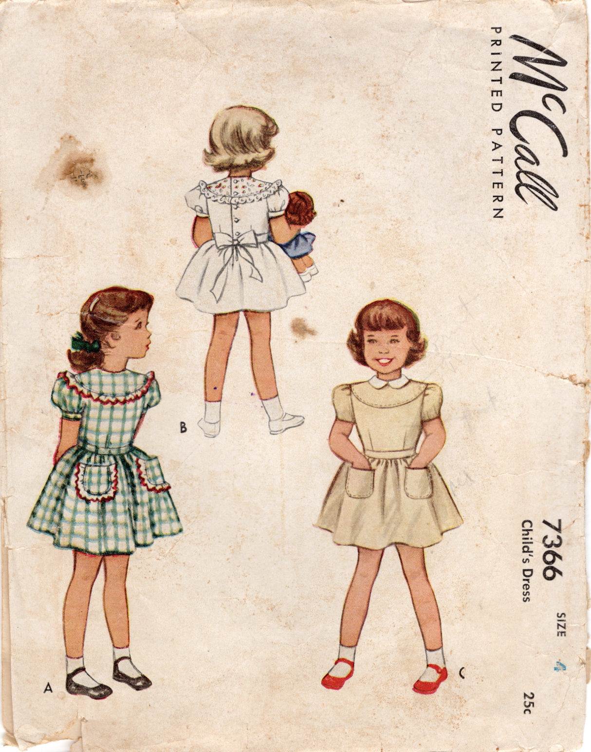 1940's McCall Child's One Piece Dress with Large Yoke and Bow Tie Back Pattern - Sz 4 - Chest 23" - No. 7366