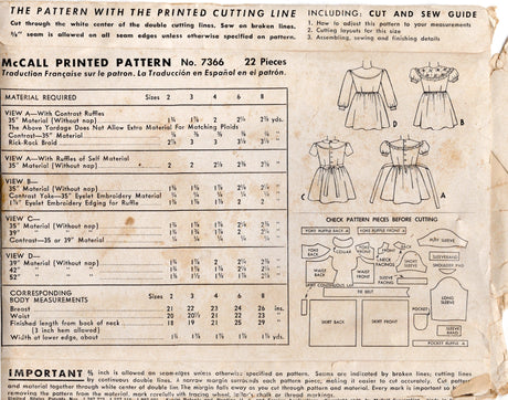 1940's McCall Child's One Piece Dress with Large Yoke and Bow Tie Back Pattern - Sz 4 - Chest 23" - No. 7366