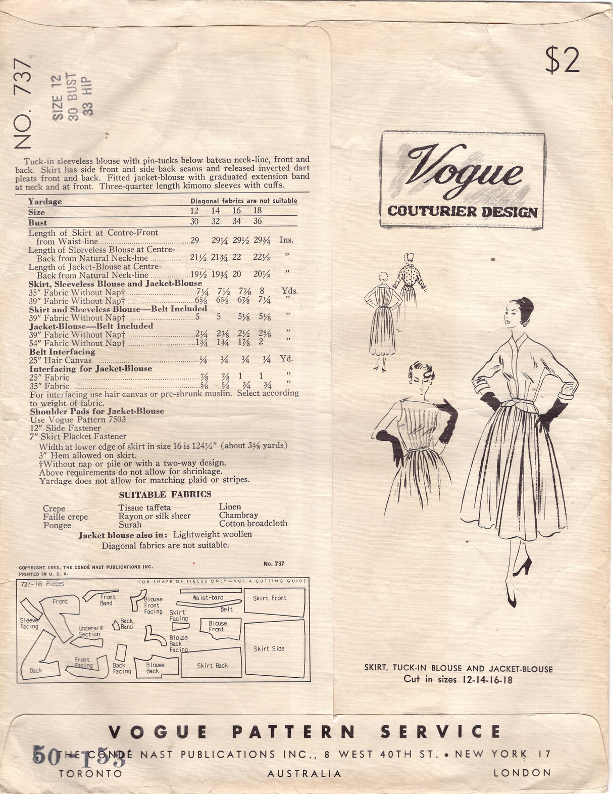 1950's Vogue Couturier Design One-Piece Dress with Detailed Front  and Bolero Pattern - Bust 30" - No. 737