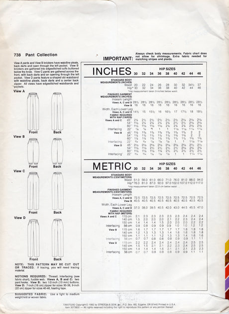 1980's Stretch & Sew Pants Collection pattern - Waist 22-38" - No. 738