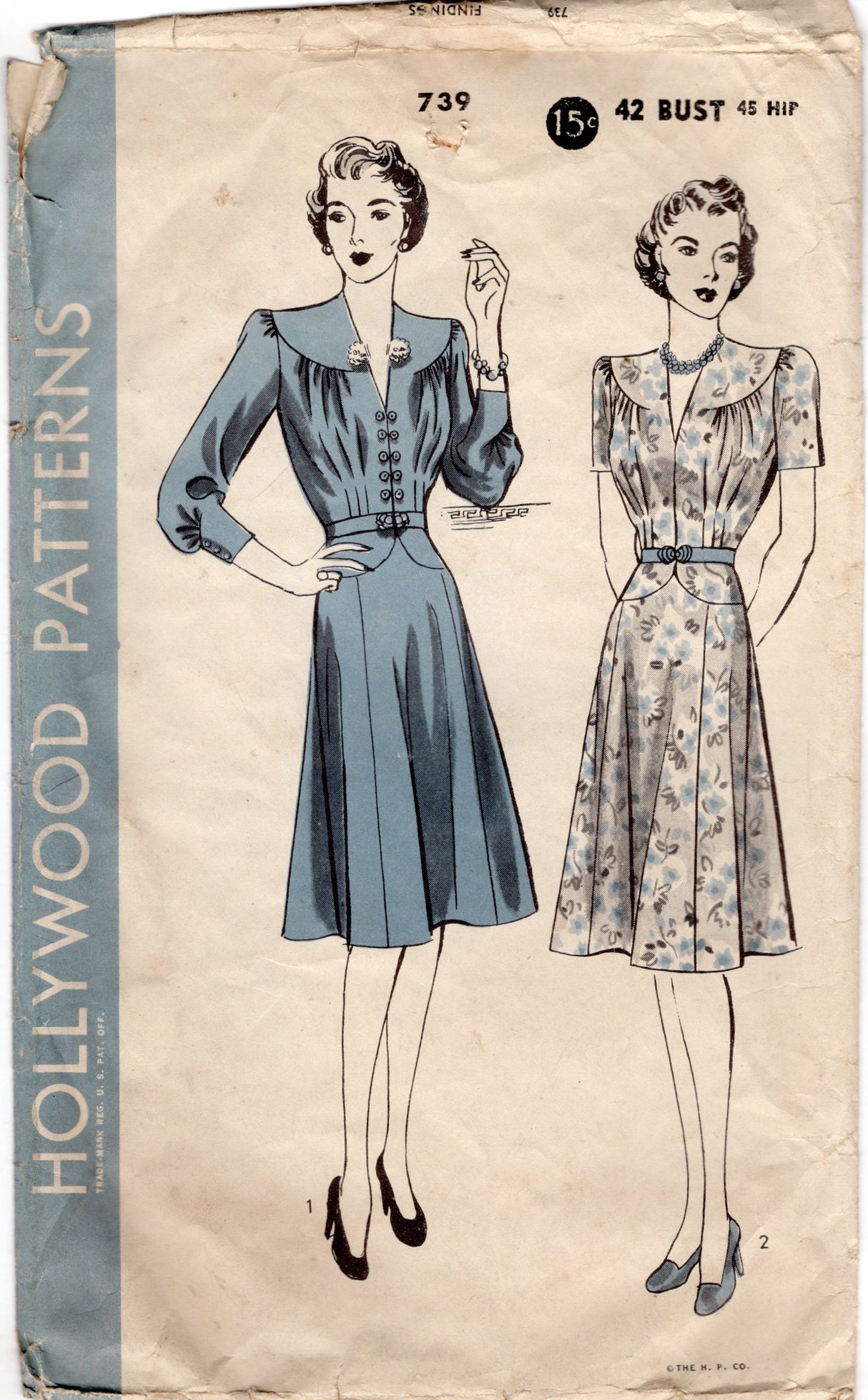 1940's Hollywood One Piece Dress Pattern with Large Yokes - Bust 42" - No. 739