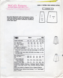 1960's McCall's Flared A-line Skirt with Inverted Pleats - Waist 26" - No. 7401