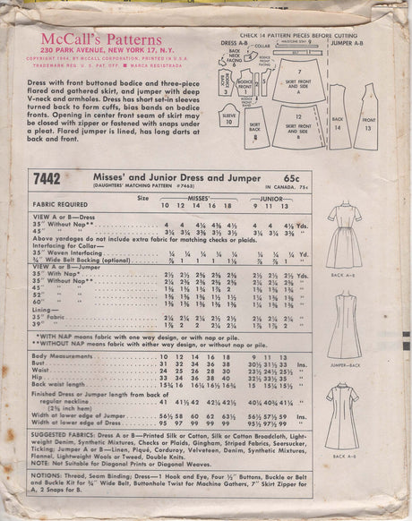 1960's McCall's Shirtwaist Dress and Jumper Dress Pattern - Bust 34" - No. 7442