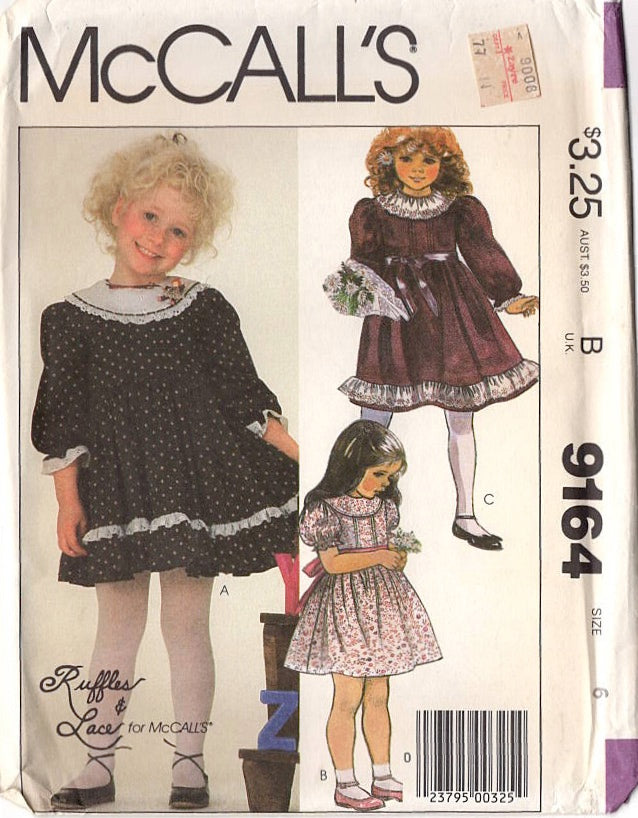 1980's McCall's Girl's Puff Sleeve Dress Pattern - Ruffles & Lace - Size 6 - Chest 25