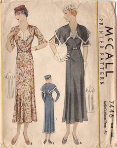 1930's McCall One Piece Dress Pattern with Raised Flat Front panel, Jabot, Capelet, Double Short Sleeve and Flower - Bust 36" - No. 7446
