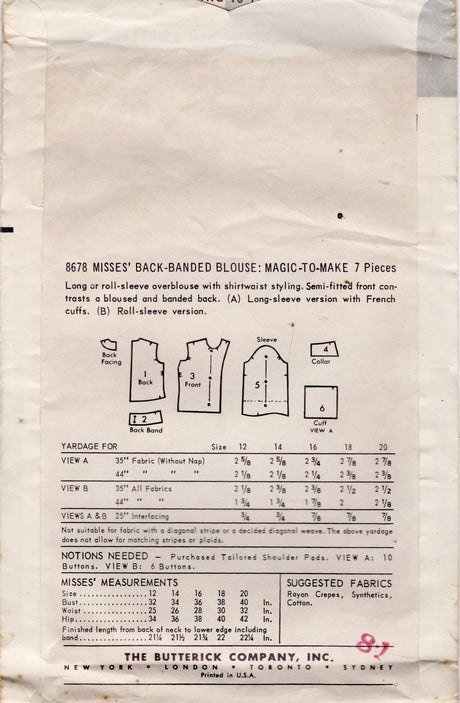 1950's Butterick Bloused Back Blouses Pattern - Bust 32" - No. 8678