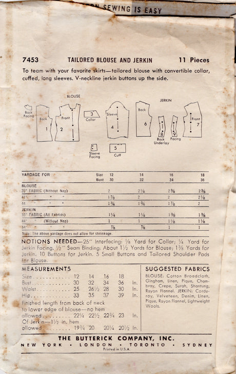 1950's Butterick Jerkin and Button Up Blouse Pattern - Bust 30" - No. 7453