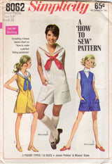 1960's Simplicity How-to-Sew Zip Front Romper with Sailor Collar and Tie - Bust 33" - No. 8062