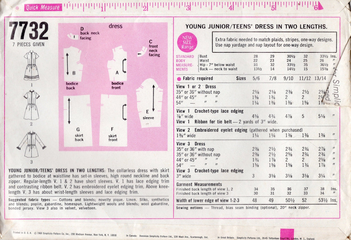 1960's Simplicity Junior's Fit and Flare Dress Pattern with Short or Long Sleeves - Bust 29" - No. 7732