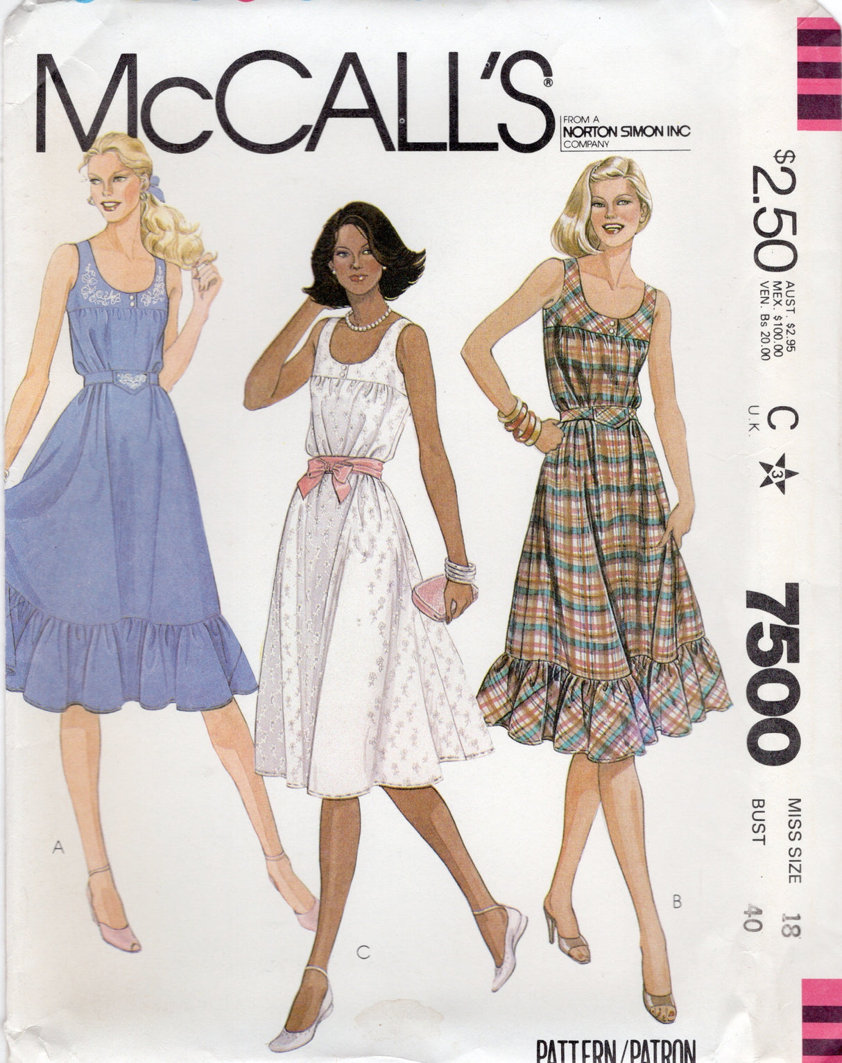 1980's McCall's Pullover Dress Pattern with U-shaped Neckline, Ruffled Skirt - Bust 40" - No. 7500