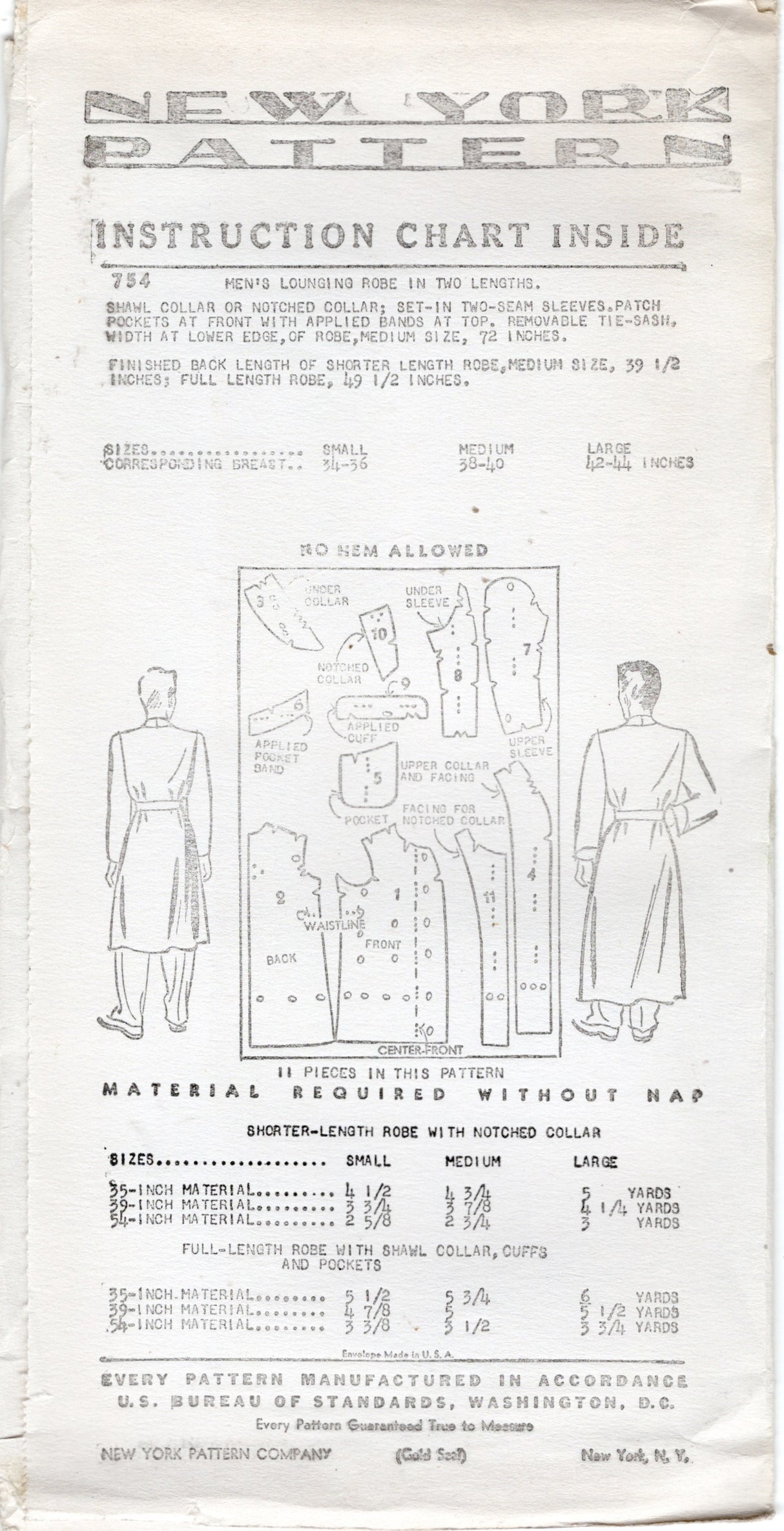 1940's New York Men's Lounging Robe Pattern - Chest 34-44" - No. 754