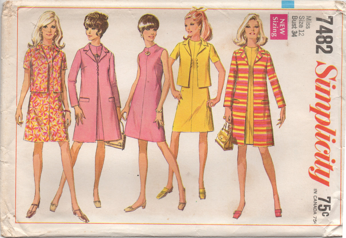 1960's Simplicity Sleeveless Dress, Boxy Jacket and A line Coat - Bust 34" - No. 7482