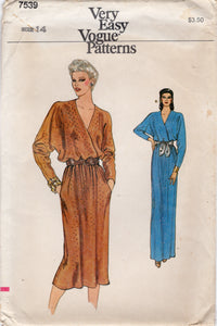1980's Vogue Surplice Bodice Dress Pattern with Dolman Sleeves - Bust 36" - No. 7539
